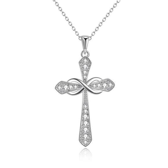 Women's Cross Necklace 925 Sterling Silver Cubic Zirconia Birthstone - Picture 1 of 4